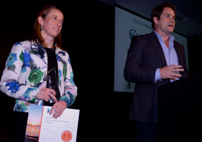 Liz Floyd (Environmental Manager) and Tom Davies on stage to accept Adaptation Champions Award